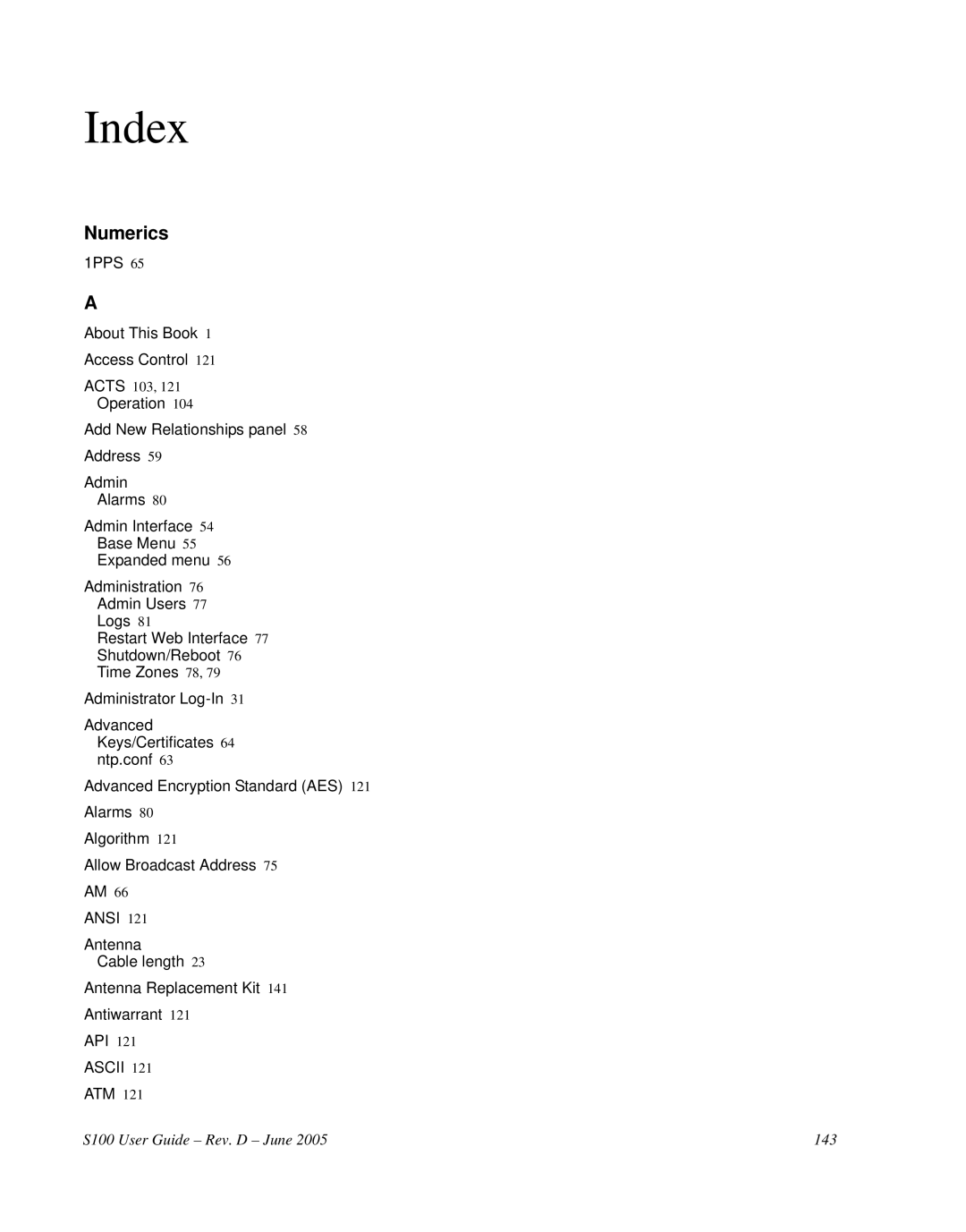 Symmetricom S100 manual Index, Numerics 