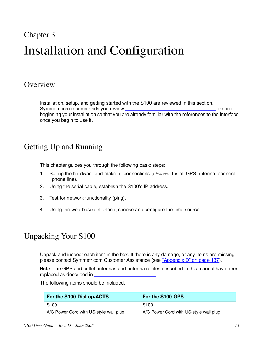 Symmetricom manual Installation and Configuration, Getting Up and Running, Unpacking Your S100 