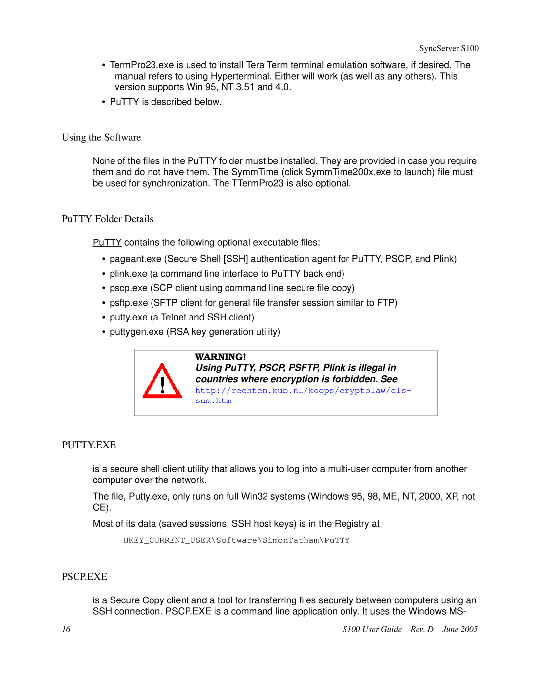 Symmetricom S100 manual Using the Software, PuTTY Folder Details 