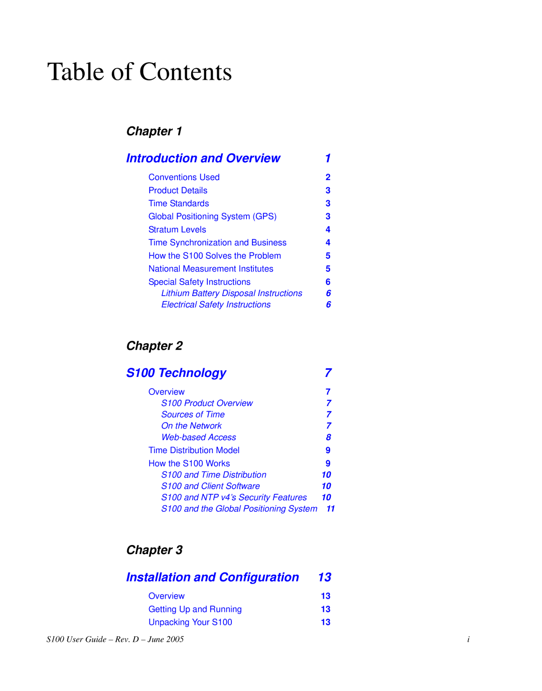 Symmetricom S100 manual Table of Contents 