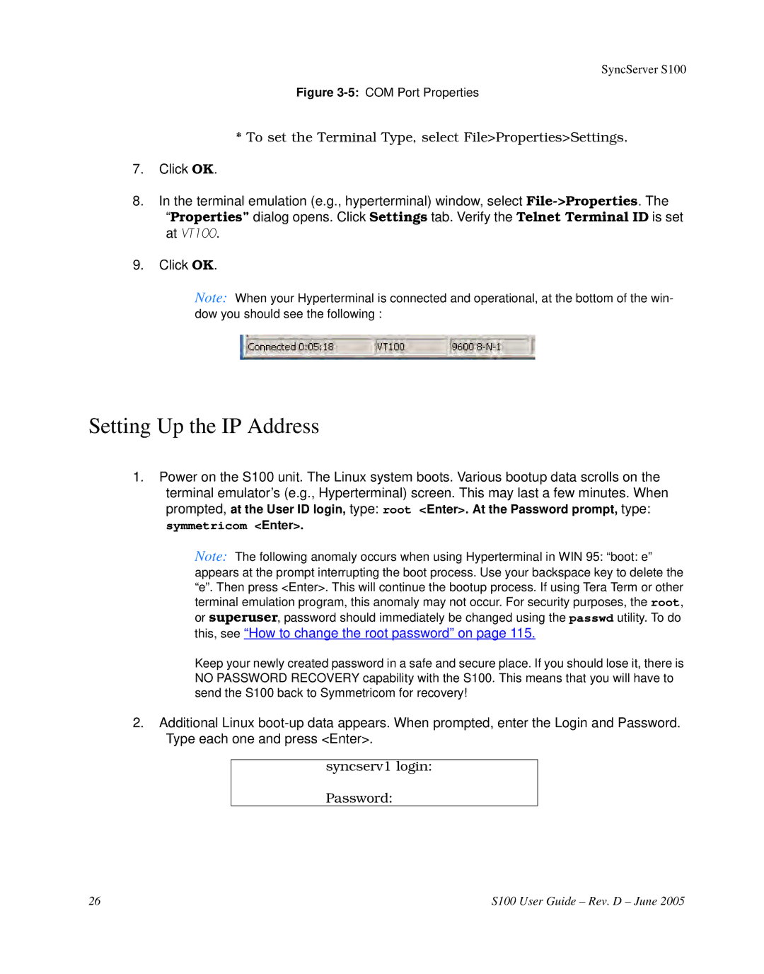 Symmetricom S100 manual Setting Up the IP Address, 5COM Port Properties 