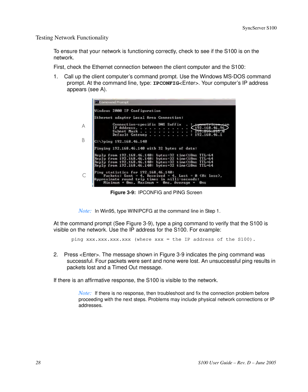 Symmetricom S100 manual Testing Network Functionality, 9IPCONFIG and Ping Screen 