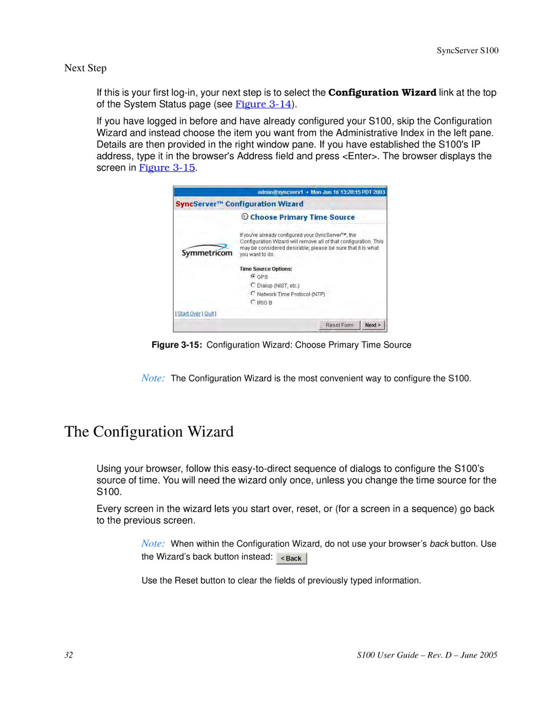 Symmetricom S100 manual Configuration Wizard, Next Step 