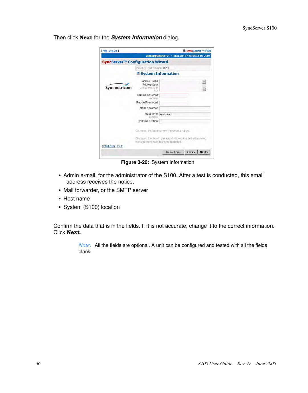 Symmetricom S100 manual Then click Next for the System Information dialog 