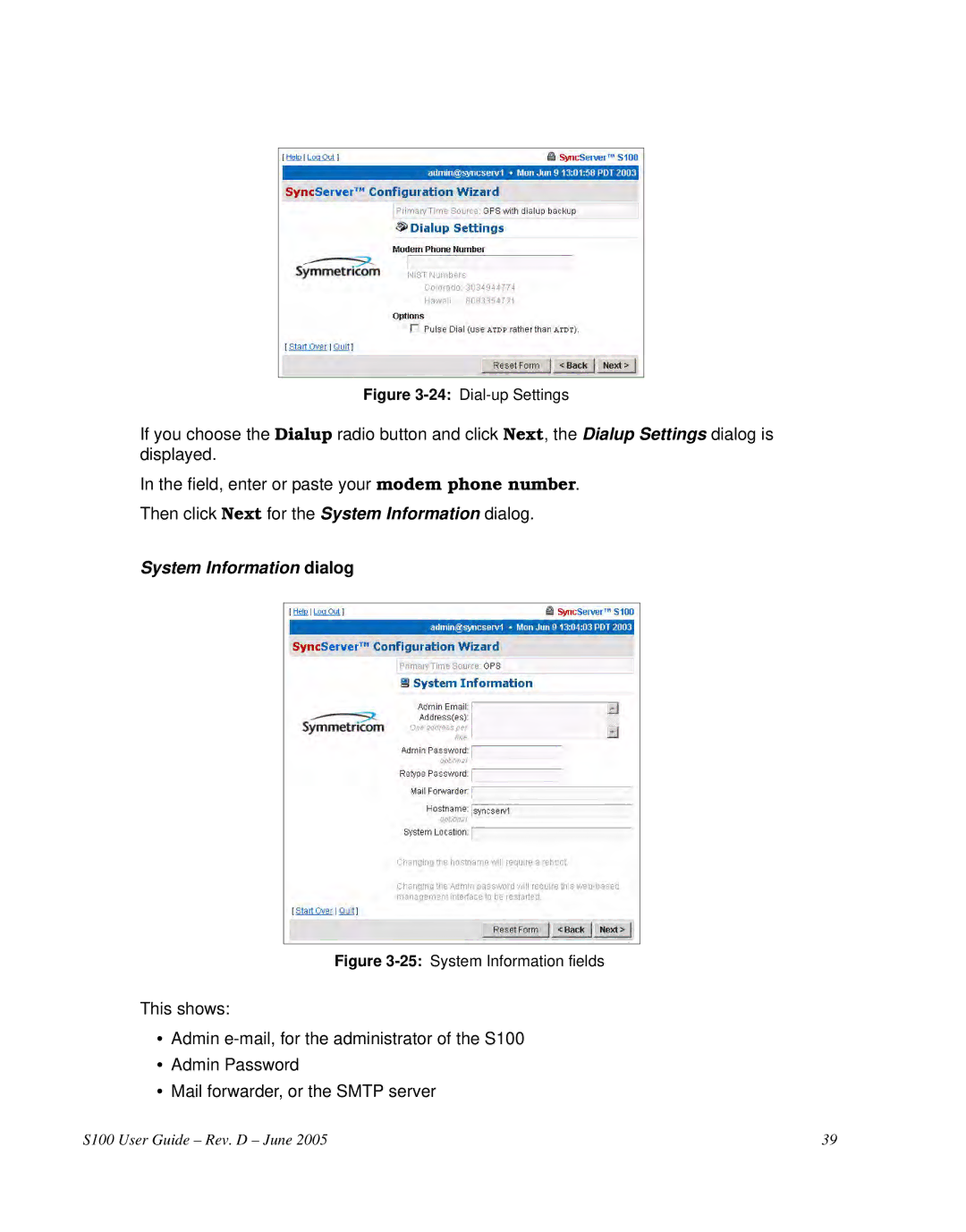 Symmetricom S100 manual System Information dialog 