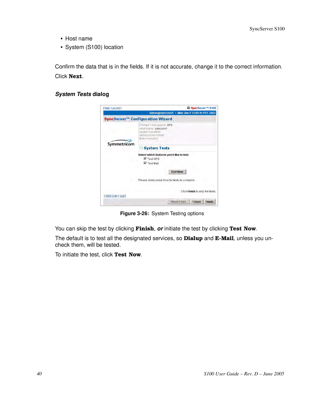 Symmetricom S100 manual System Tests dialog 