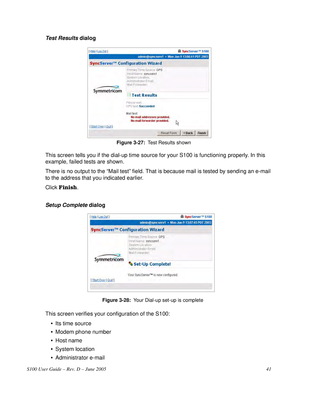 Symmetricom S100 manual Test Results dialog 