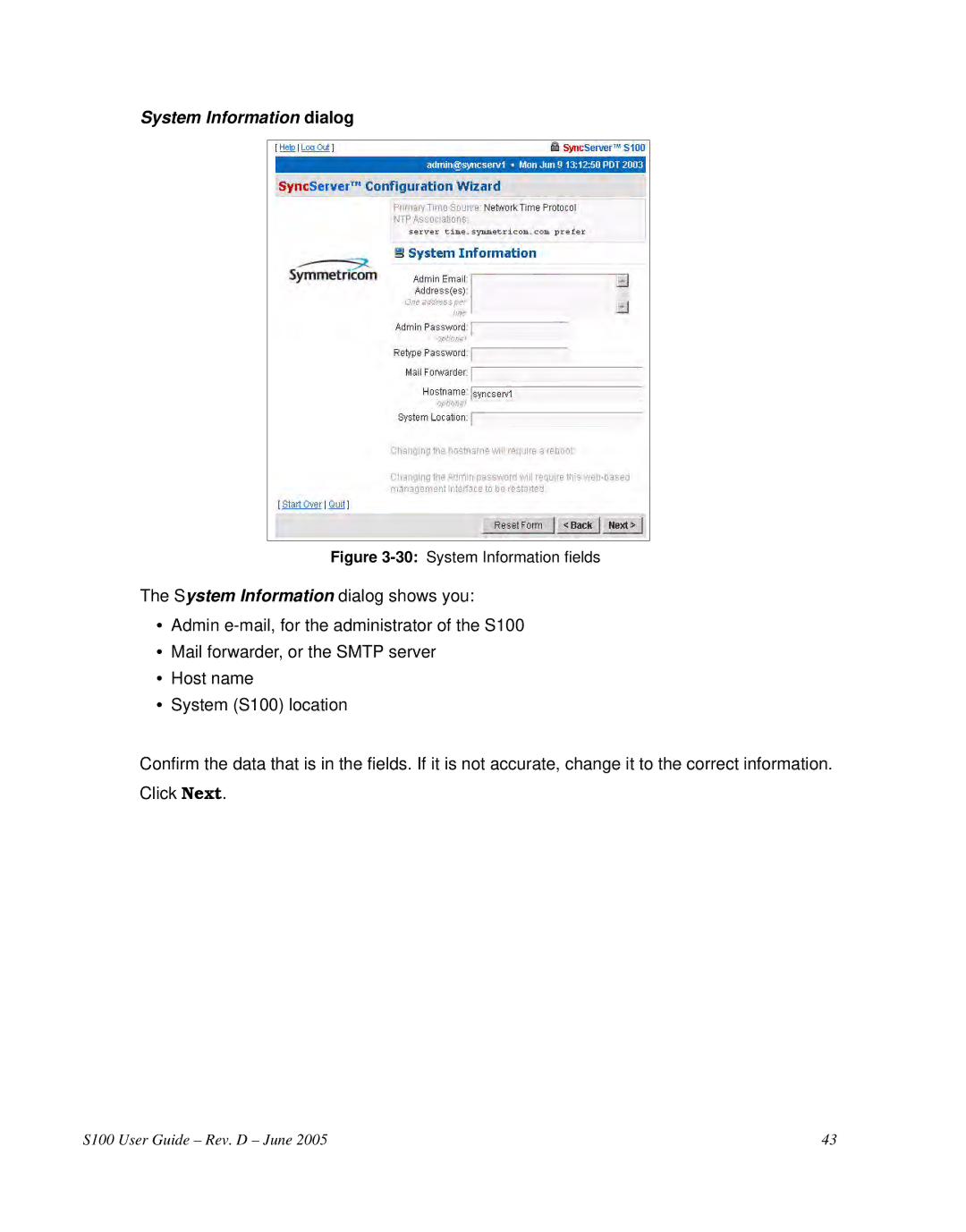 Symmetricom S100 manual 30System Information fields 