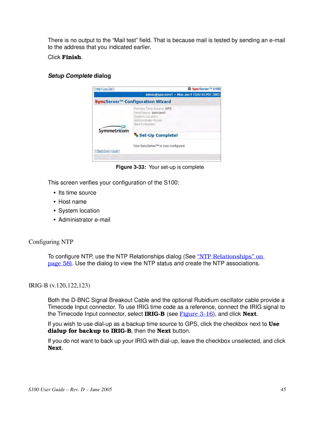 Symmetricom S100 manual Configuring NTP, IRIG-B v.120,122,123 