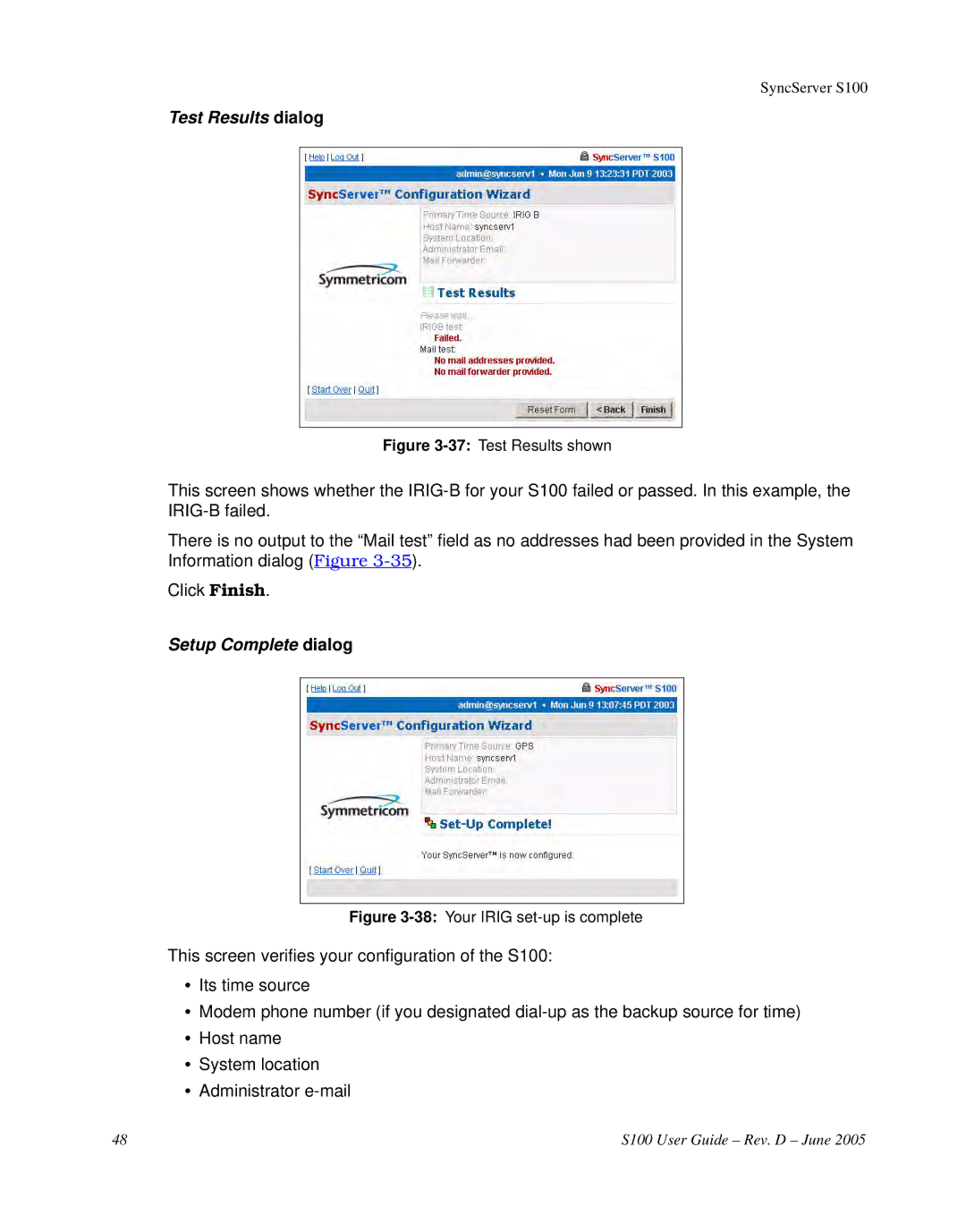 Symmetricom S100 manual 37Test Results shown 