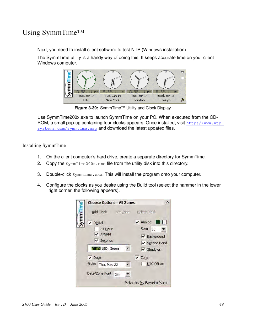 Symmetricom S100 manual Using SymmTime, Installing SymmTime 