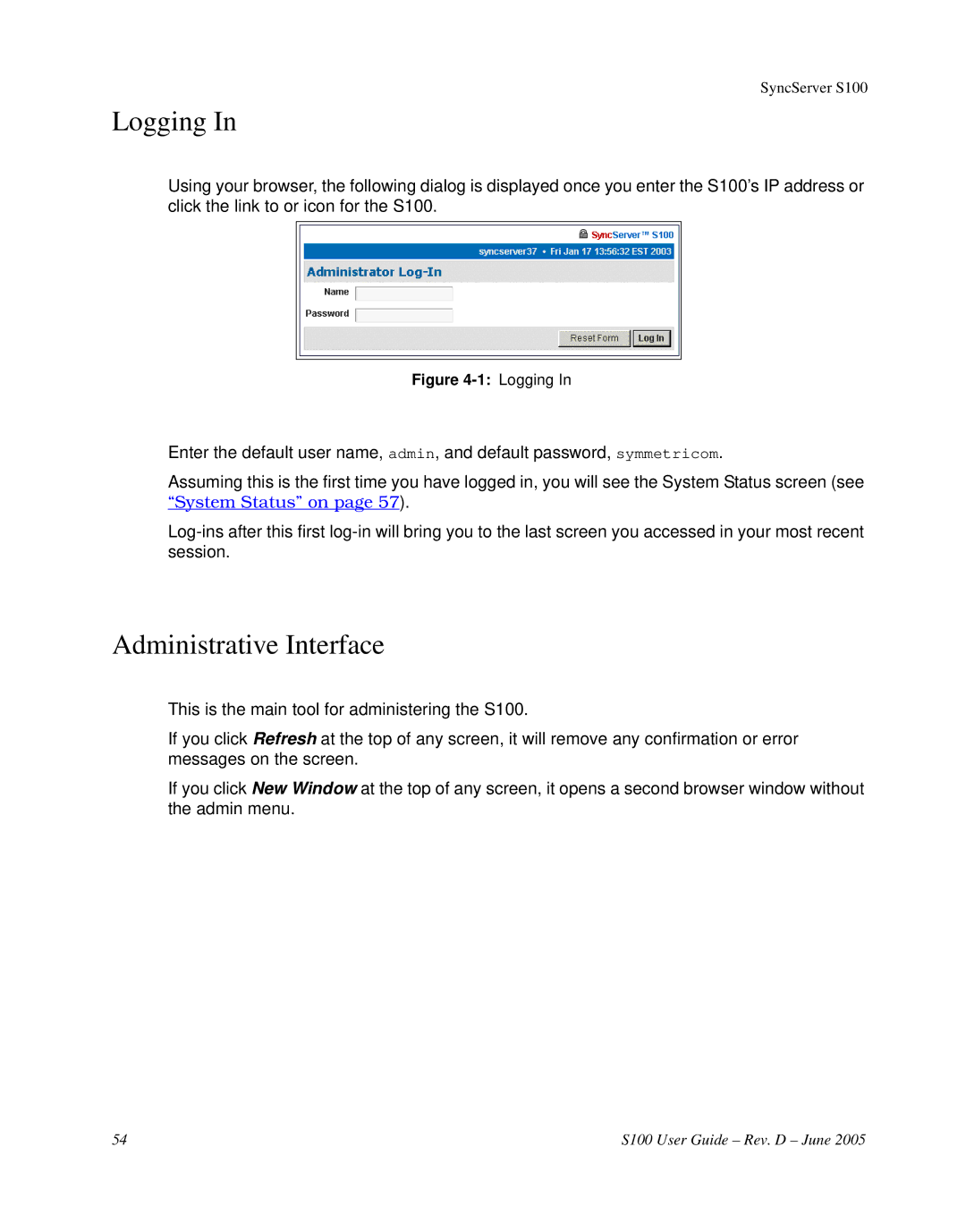 Symmetricom S100 manual Logging, Administrative Interface 