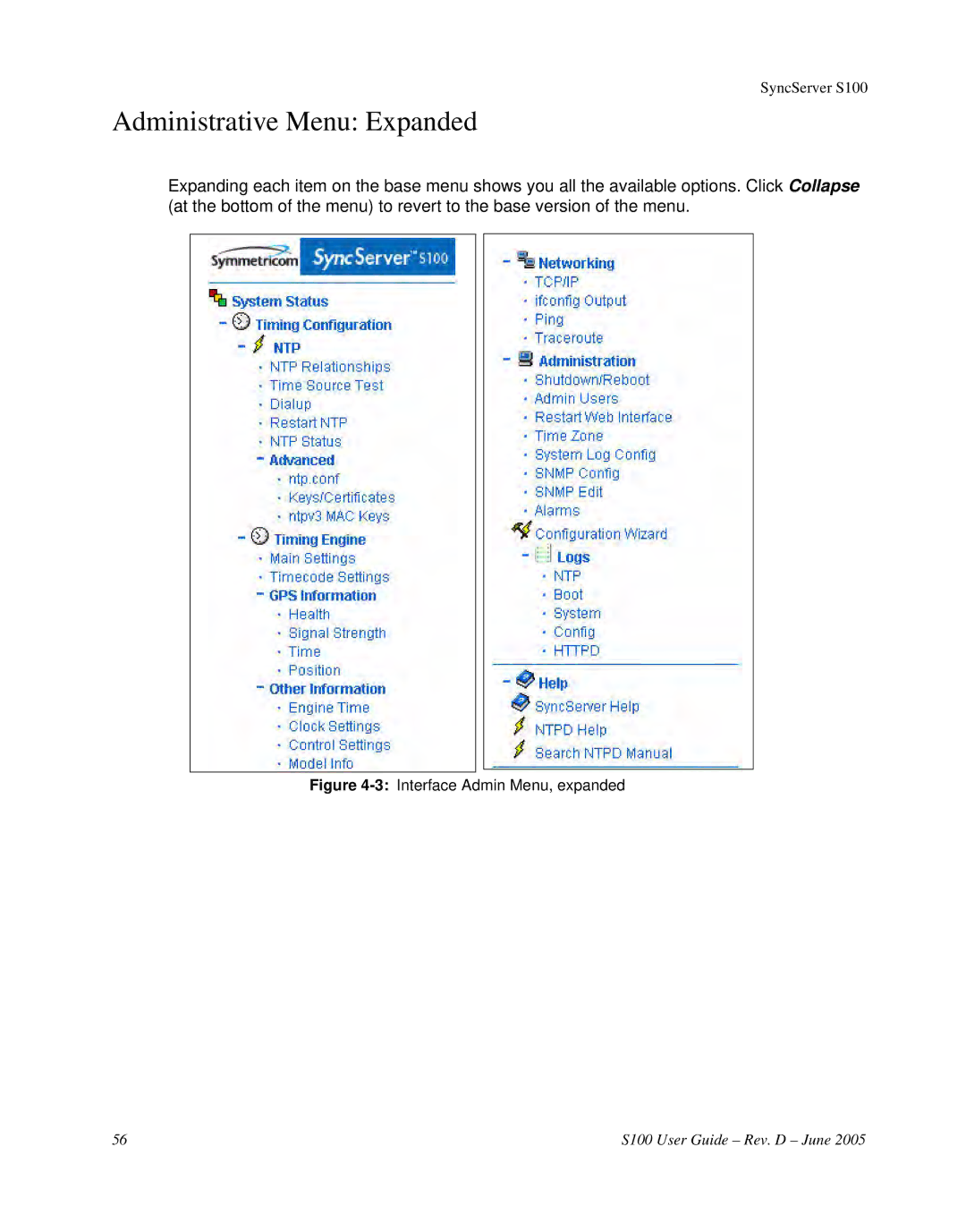 Symmetricom S100 manual Administrative Menu Expanded, 3Interface Admin Menu, expanded 