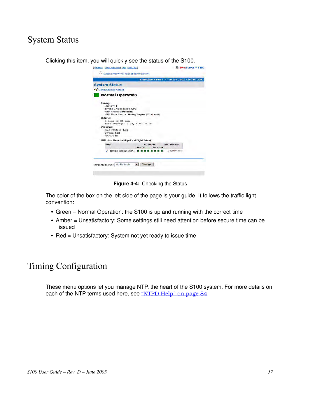 Symmetricom S100 manual System Status, Timing Configuration 