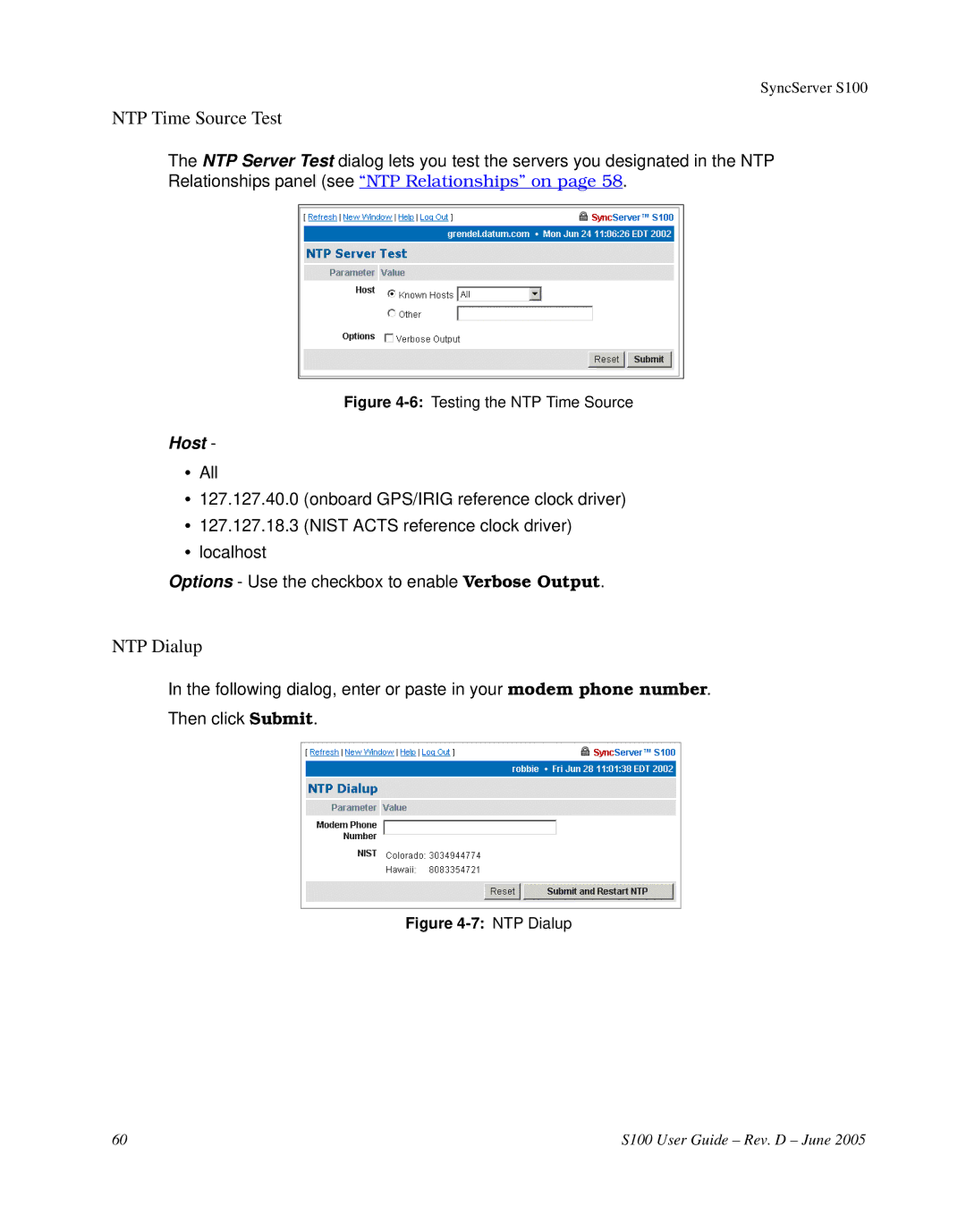 Symmetricom S100 manual NTP Time Source Test, NTP Dialup 