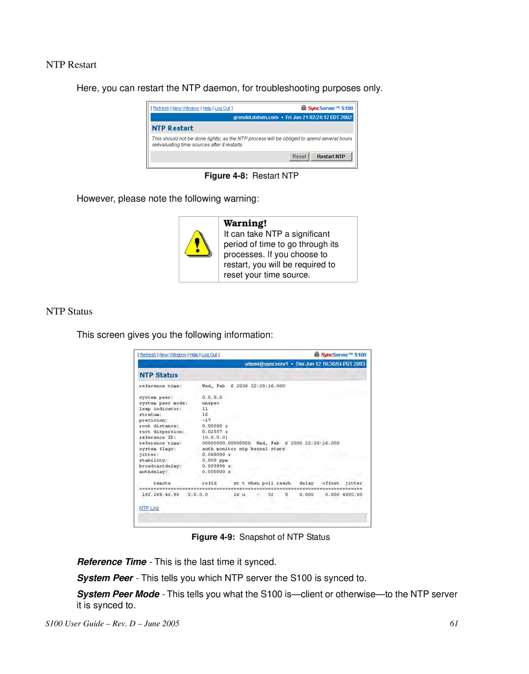 Symmetricom S100 manual NTP Restart, NTP Status 