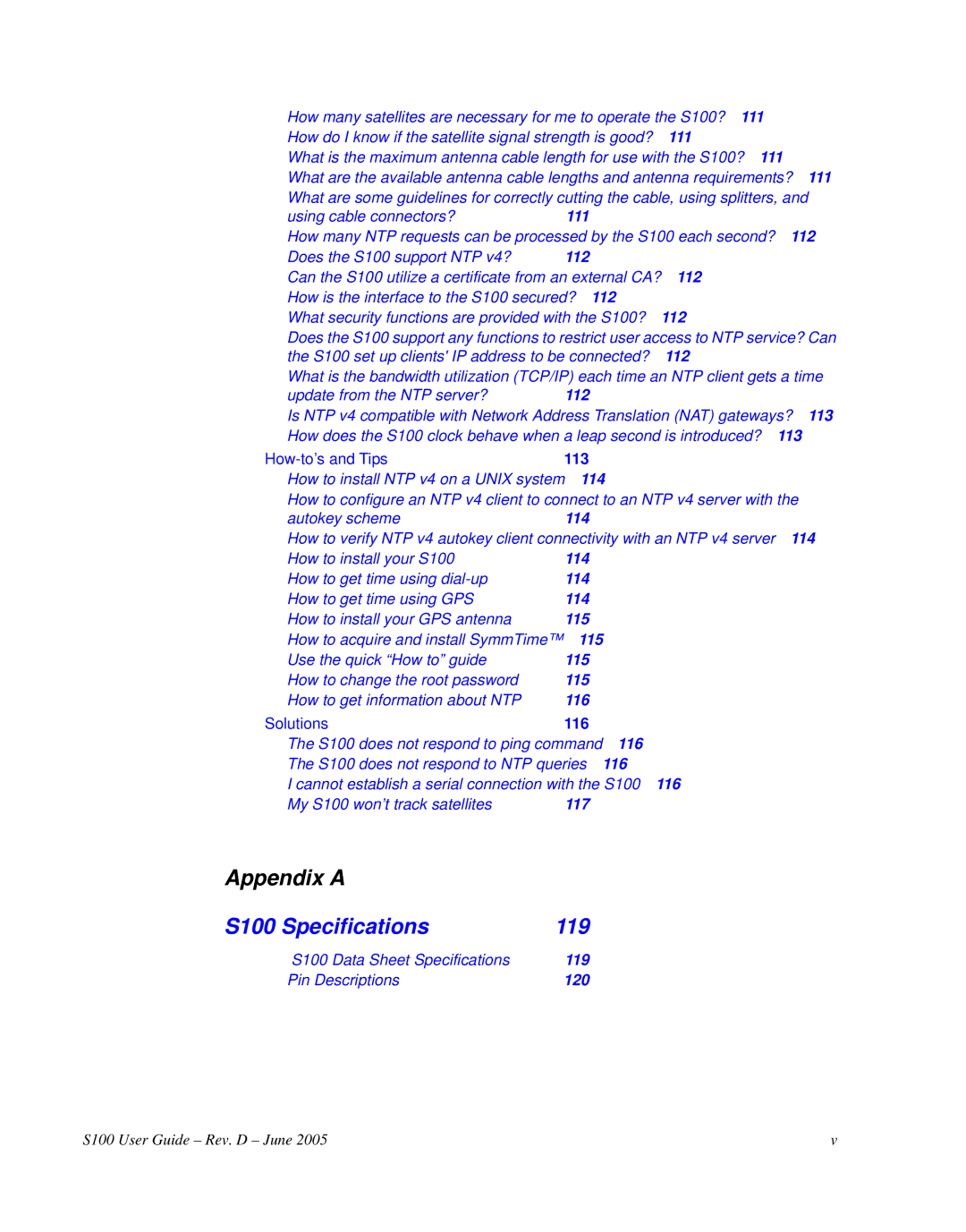 Symmetricom manual Appendix a S100 Specifications 119 