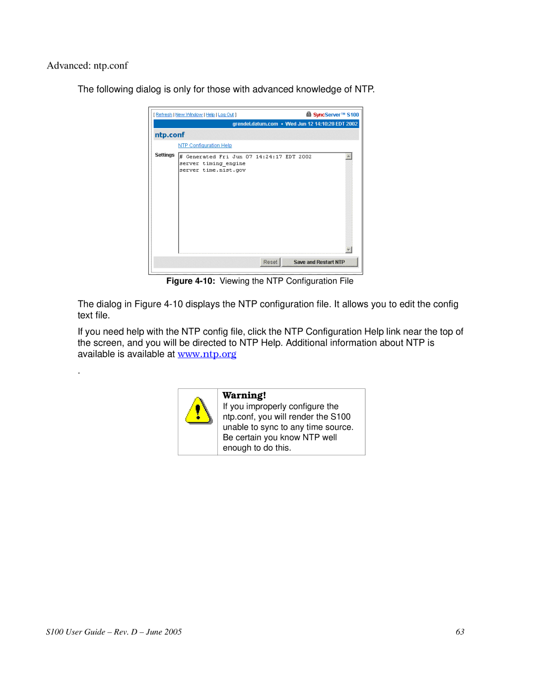 Symmetricom S100 manual Advanced ntp.conf, 10Viewing the NTP Configuration File 