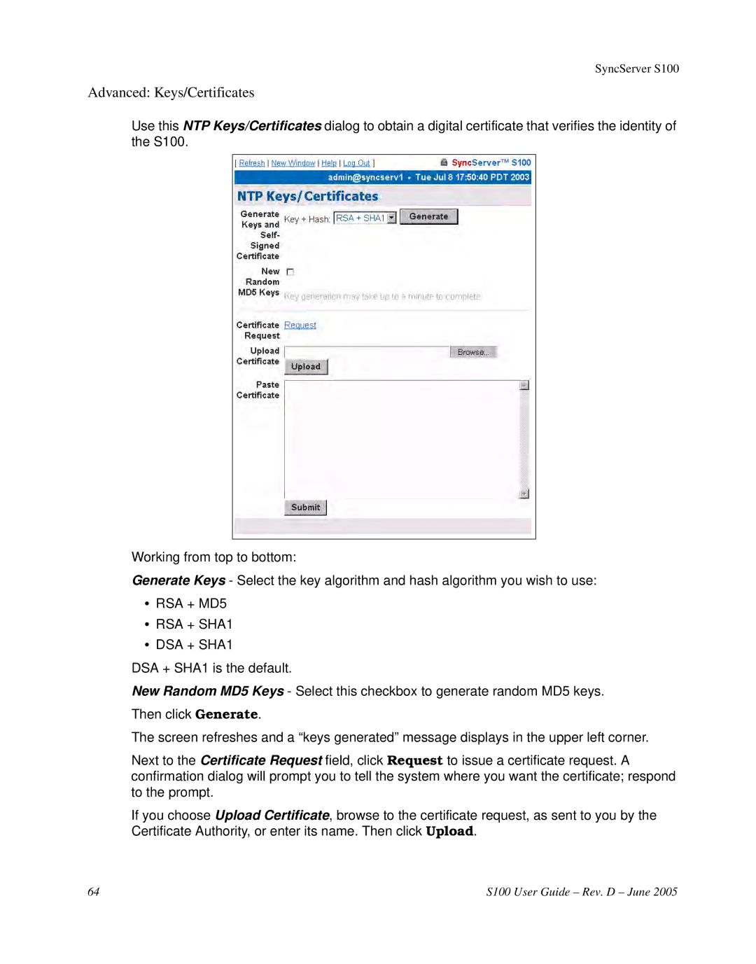 Symmetricom S100 manual Advanced Keys/Certificates, 11Obtaining and Generating Keys Certificates 