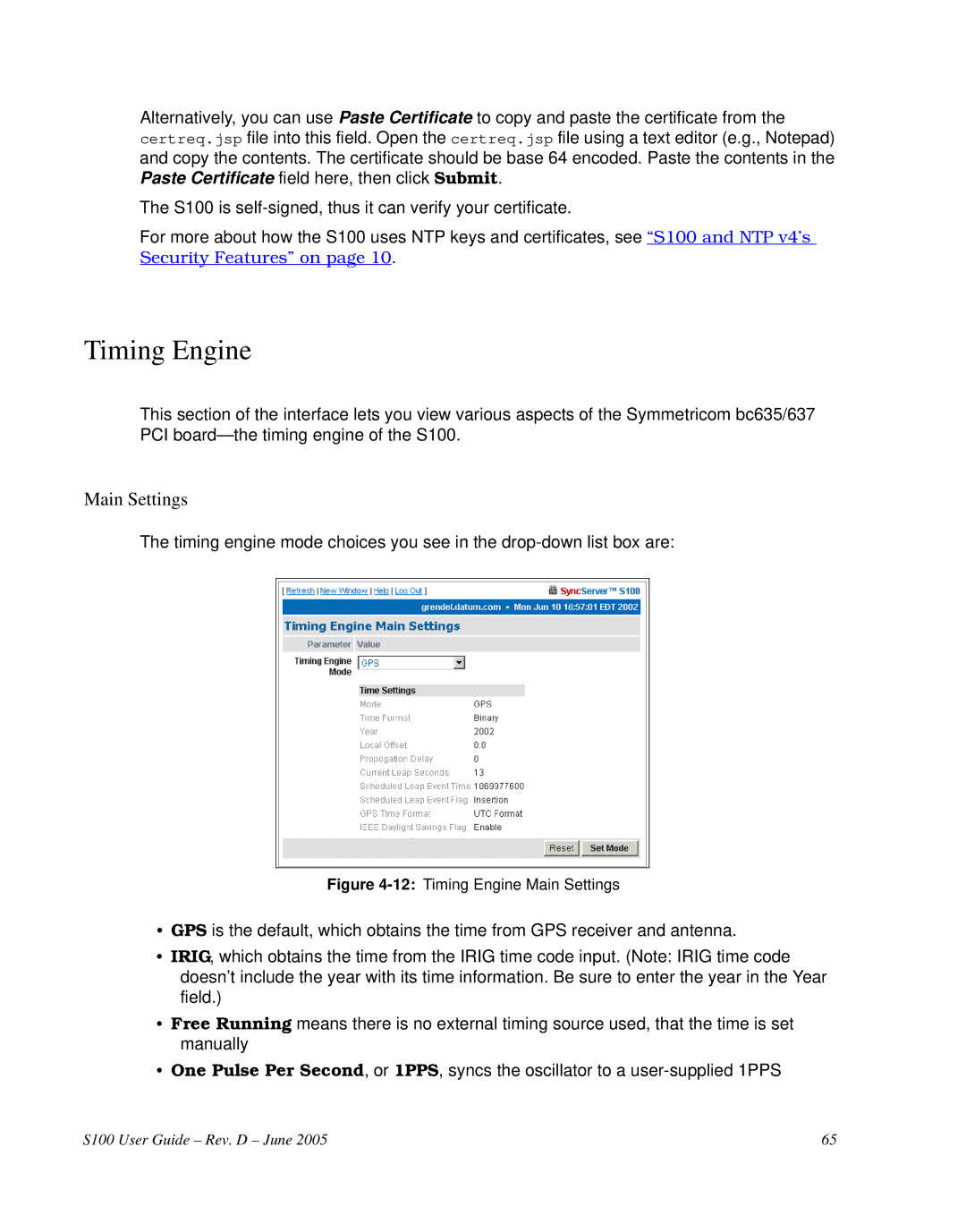 Symmetricom S100 manual Timing Engine, Main Settings 