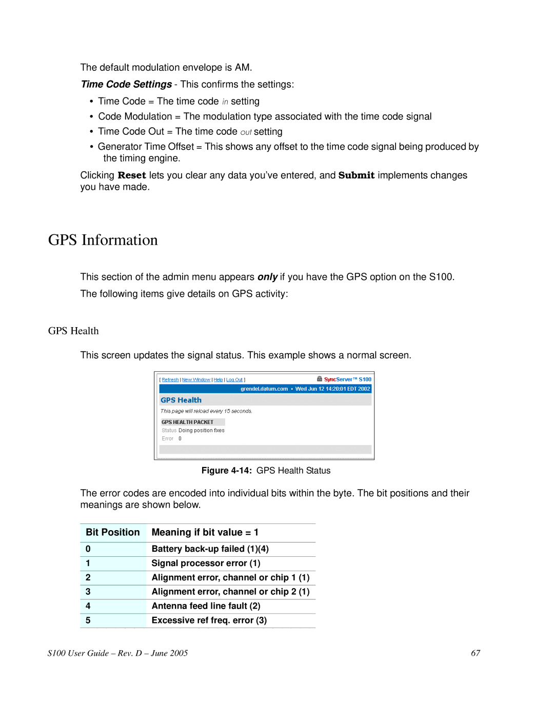 Symmetricom S100 manual GPS Information, GPS Health, Bit Position Meaning if bit value = 