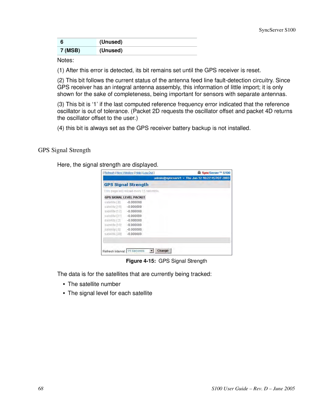Symmetricom S100 manual 15GPS Signal Strength 