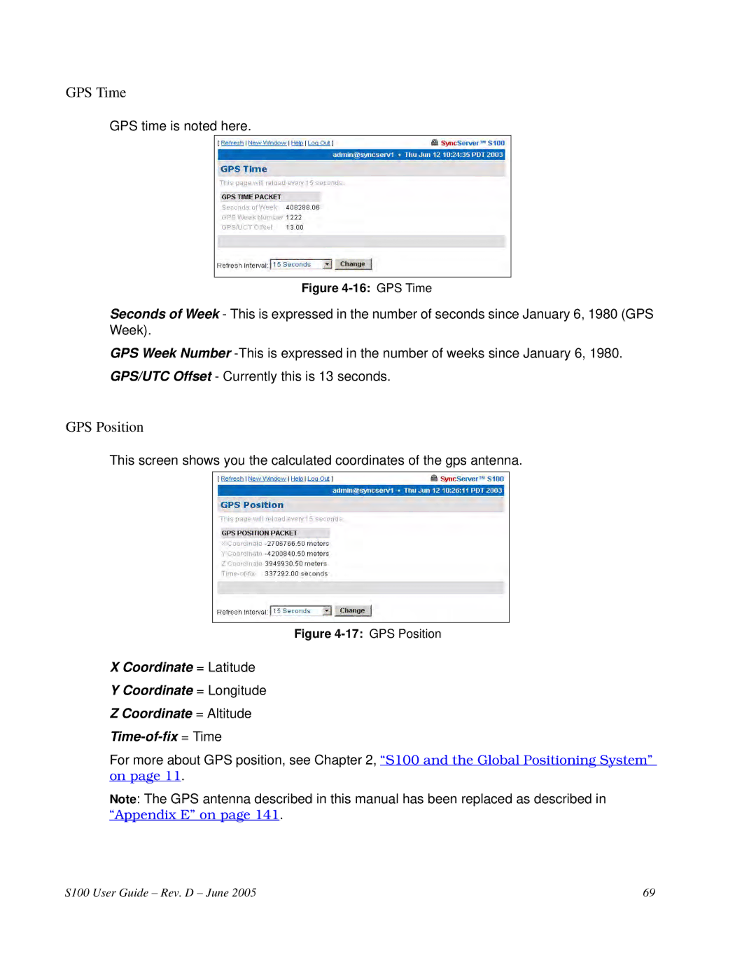 Symmetricom S100 manual GPS Time, GPS Position 