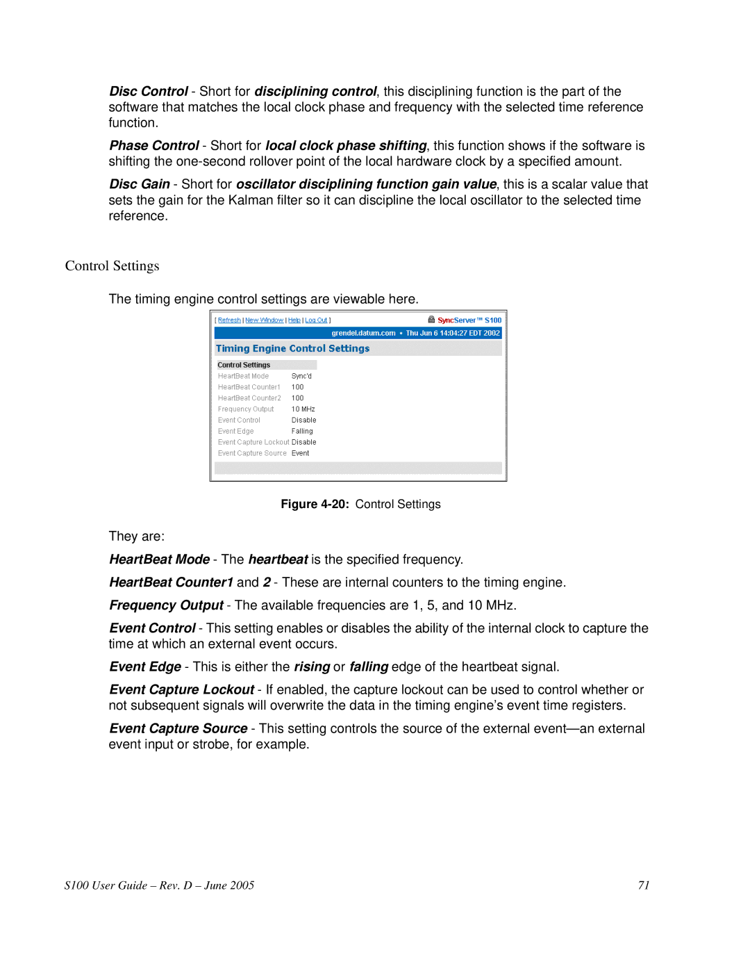 Symmetricom S100 manual 20Control Settings 