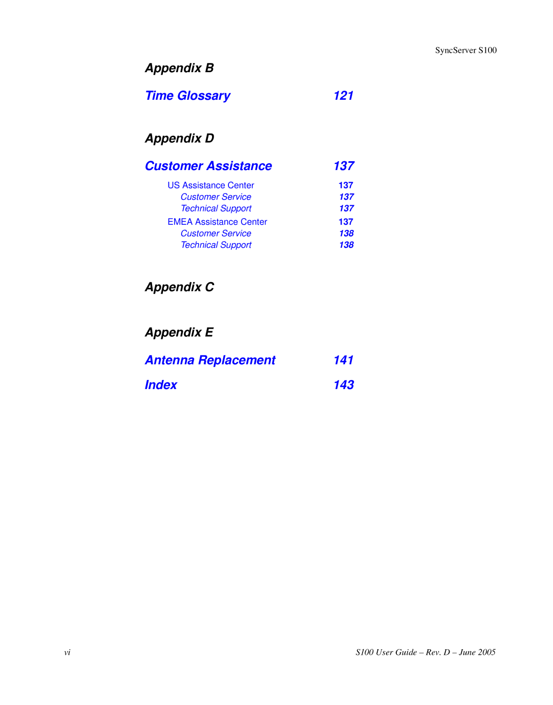 Symmetricom S100 manual Appendix C Appendix E Antenna Replacement 141 Index 143 