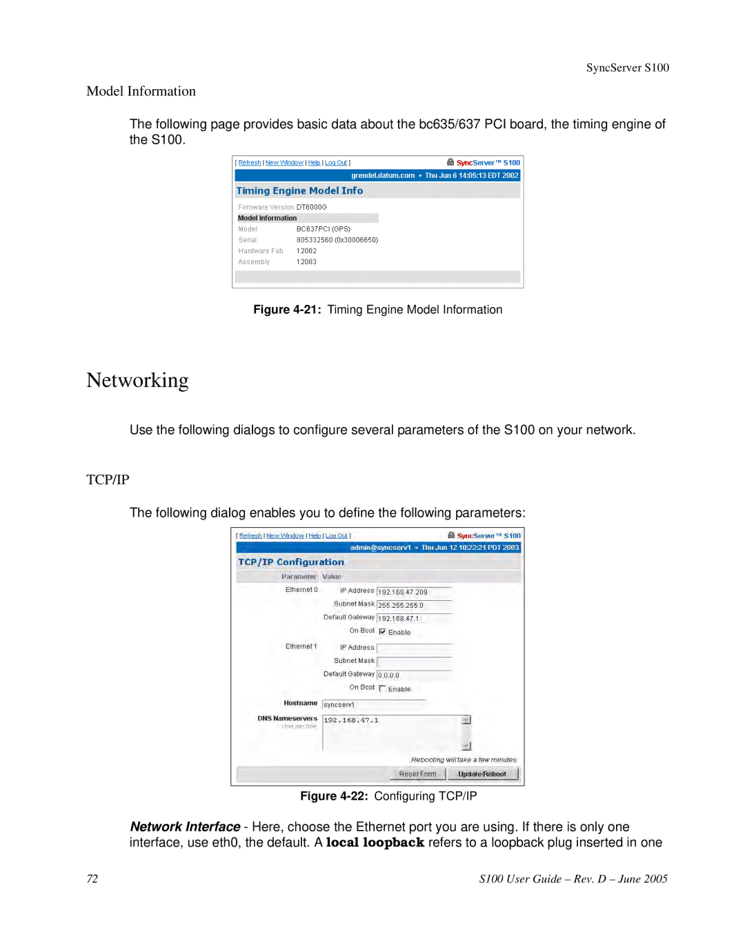 Symmetricom S100 manual Networking, Model Information 