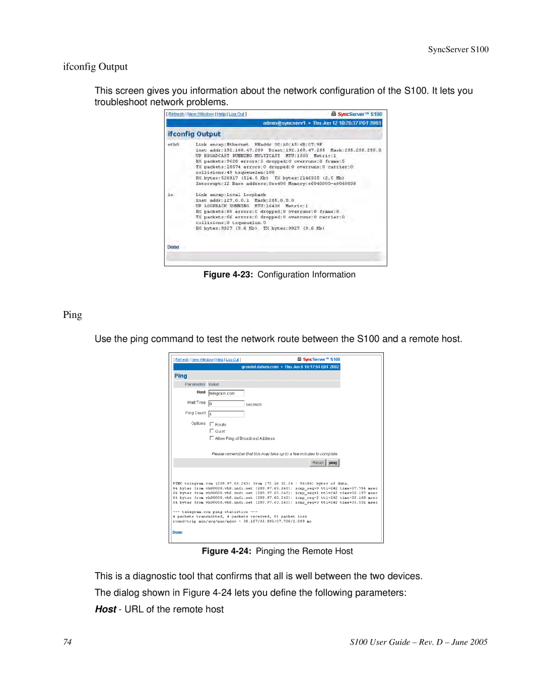 Symmetricom S100 manual Ifconfig Output, Ping 