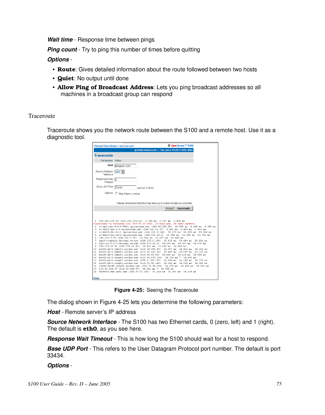 Symmetricom S100 manual Traceroute, Options 