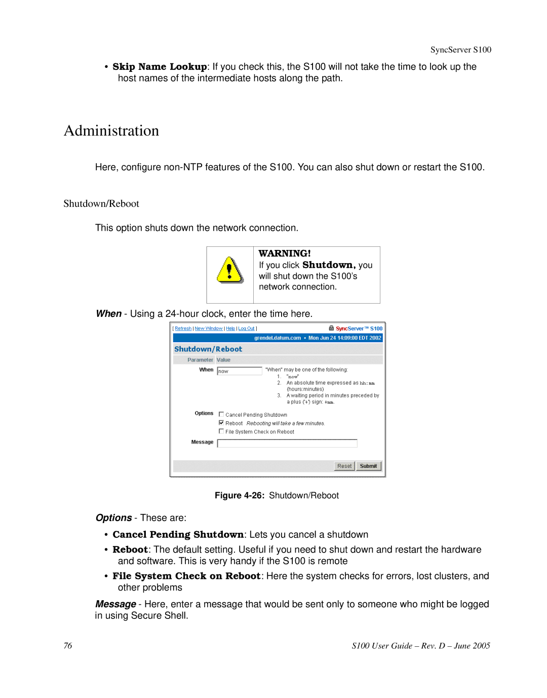 Symmetricom S100 manual Administration, Shutdown/Reboot 