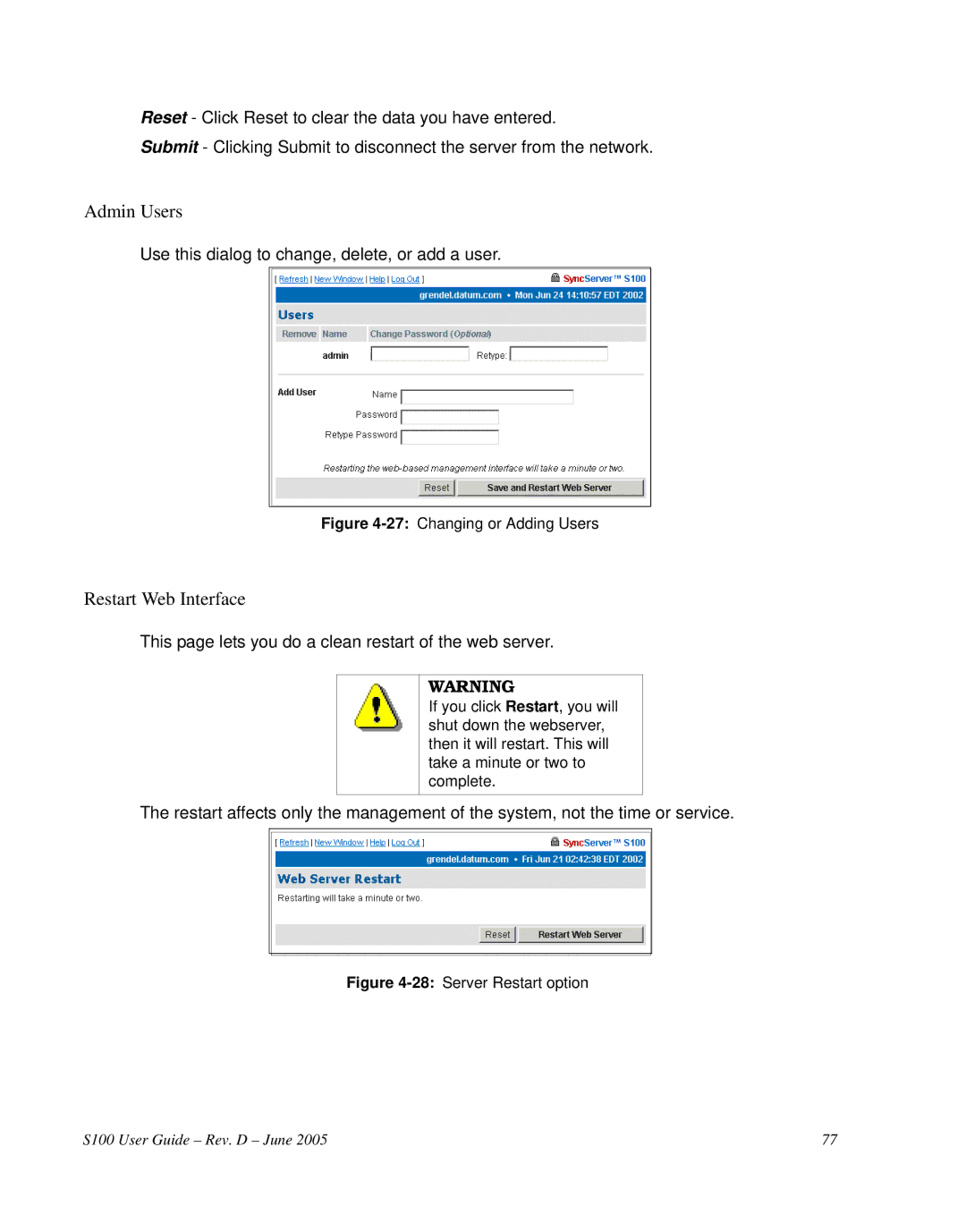 Symmetricom S100 manual Admin Users, Restart Web Interface 