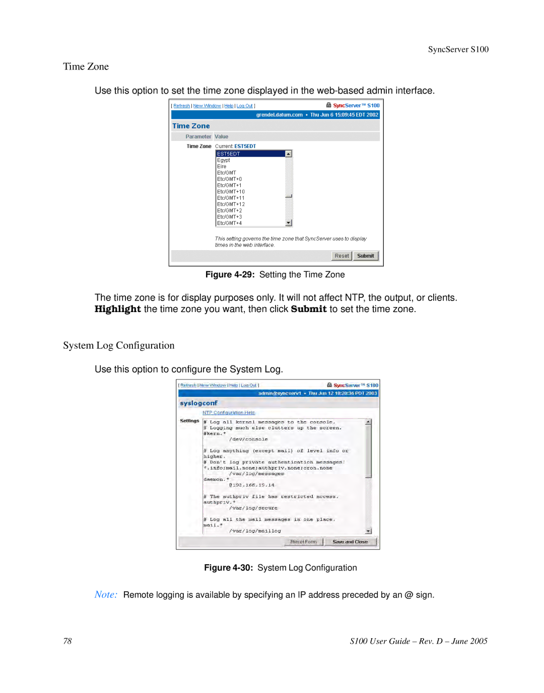 Symmetricom S100 manual Time Zone, System Log Configuration 