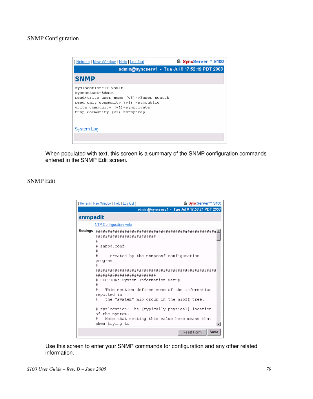 Symmetricom S100 manual Snmp Configuration, Snmp Edit 