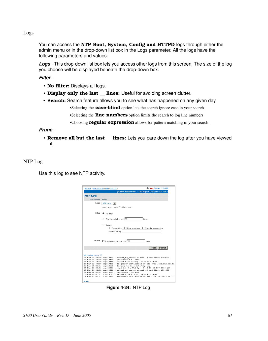 Symmetricom S100 manual Logs, NTP Log 