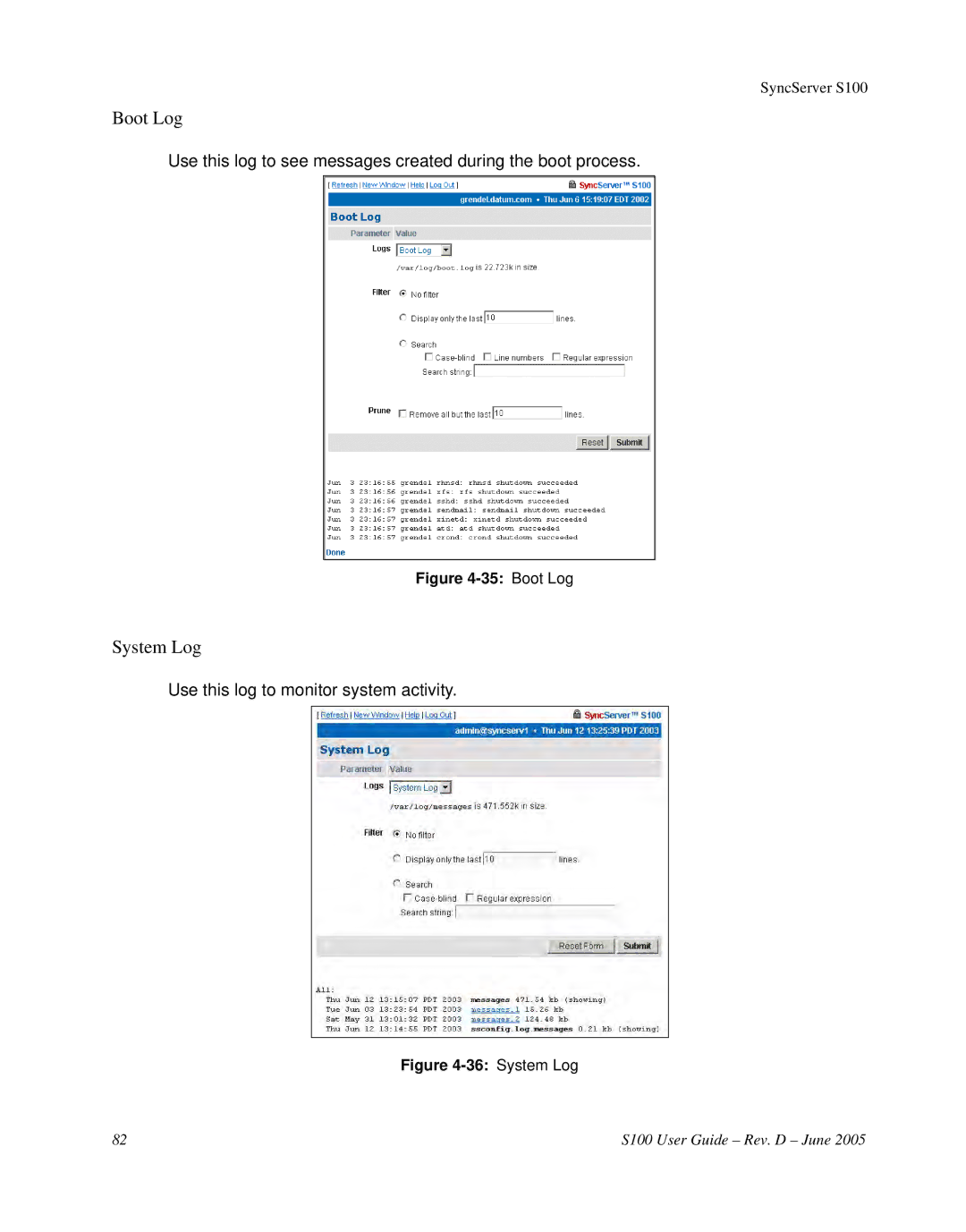 Symmetricom S100 manual Boot Log, System Log 