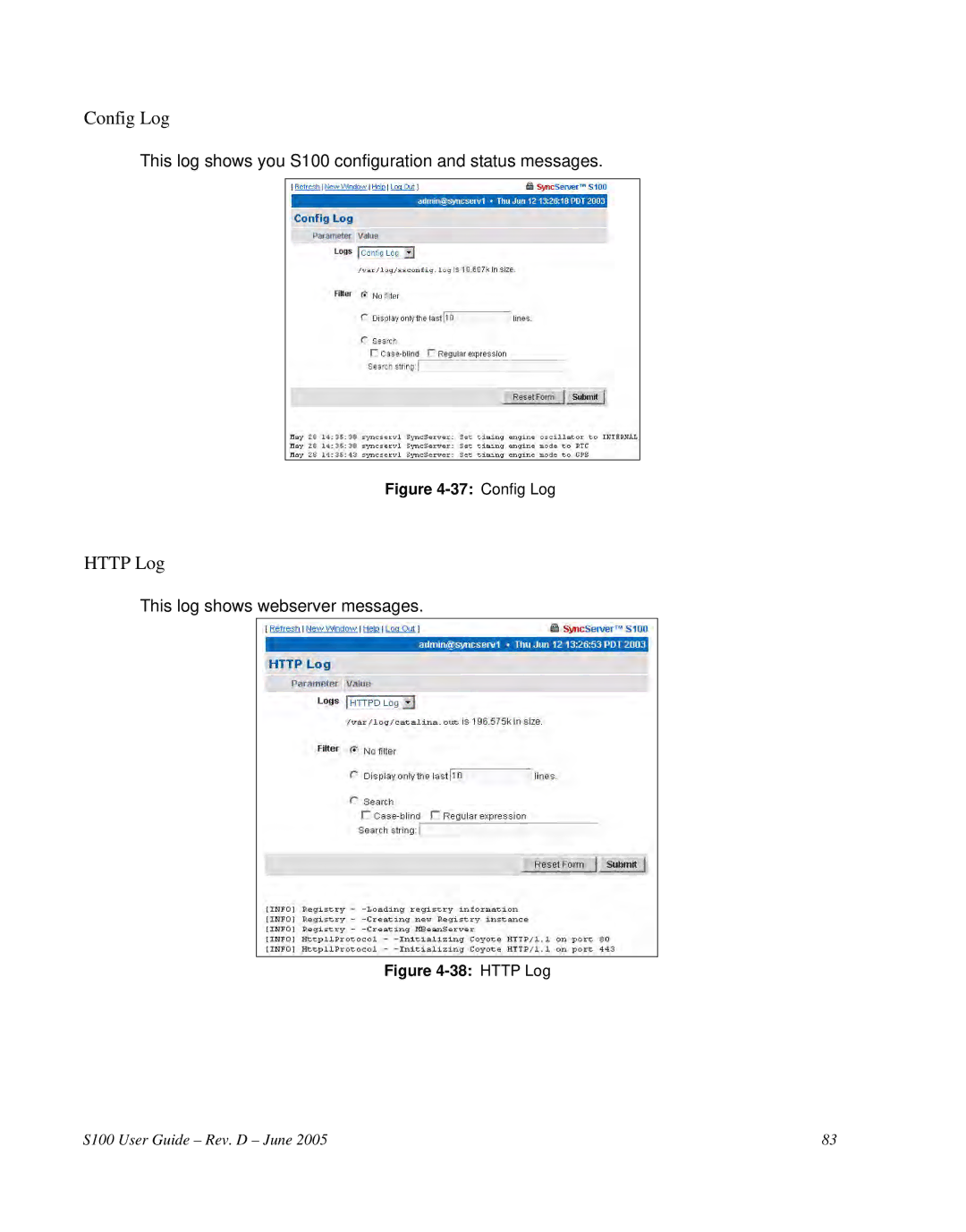 Symmetricom S100 manual Config Log, Http Log 