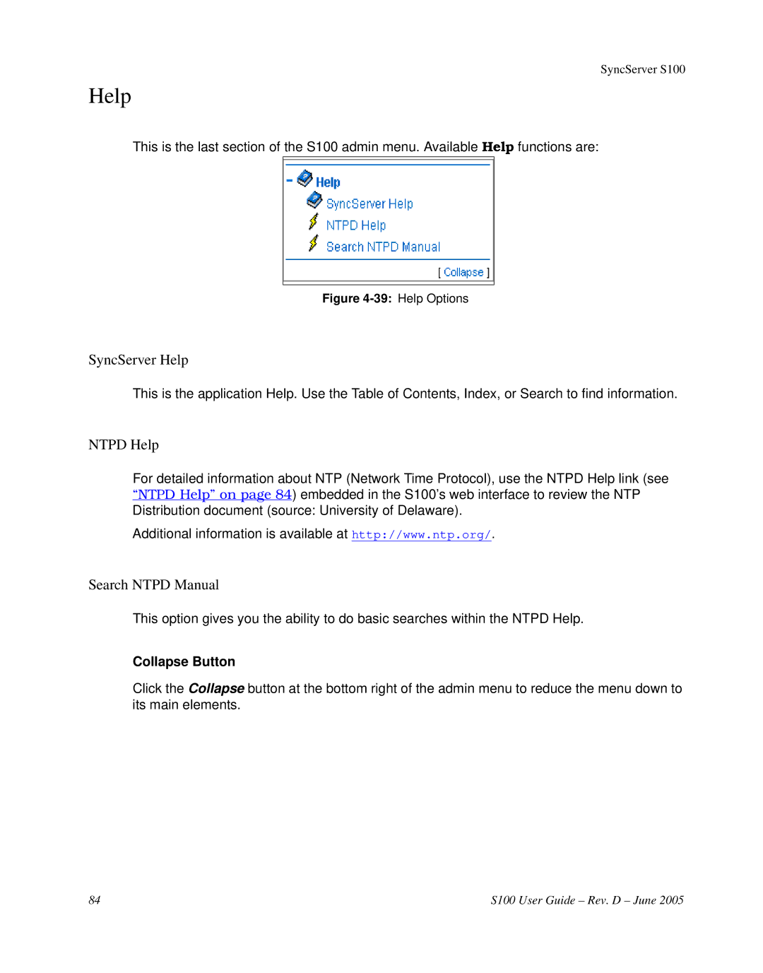 Symmetricom S100 manual SyncServer Help, Ntpd Help, Search Ntpd Manual, Collapse Button 