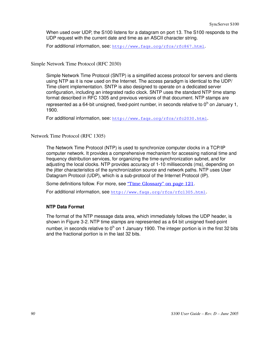 Symmetricom S100 manual Simple Network Time Protocol RFC, NTP Data Format 