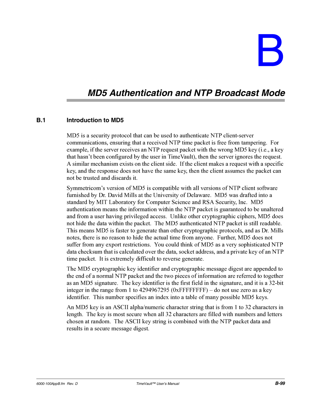 Symmetricom Time Server user manual MD5 Authentication and NTP Broadcast Mode, Introduction to MD5 