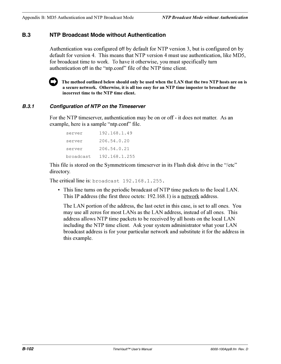 Symmetricom Time Server user manual NTP Broadcast Mode without Authentication 