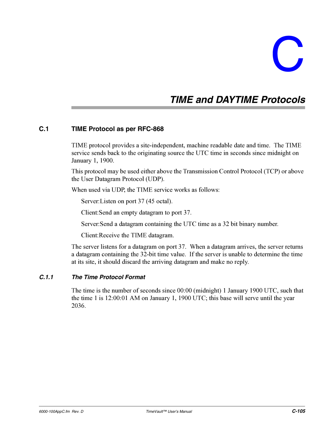 Symmetricom Time Server user manual Time and Daytime Protocols, Time Protocol as per RFC-868 