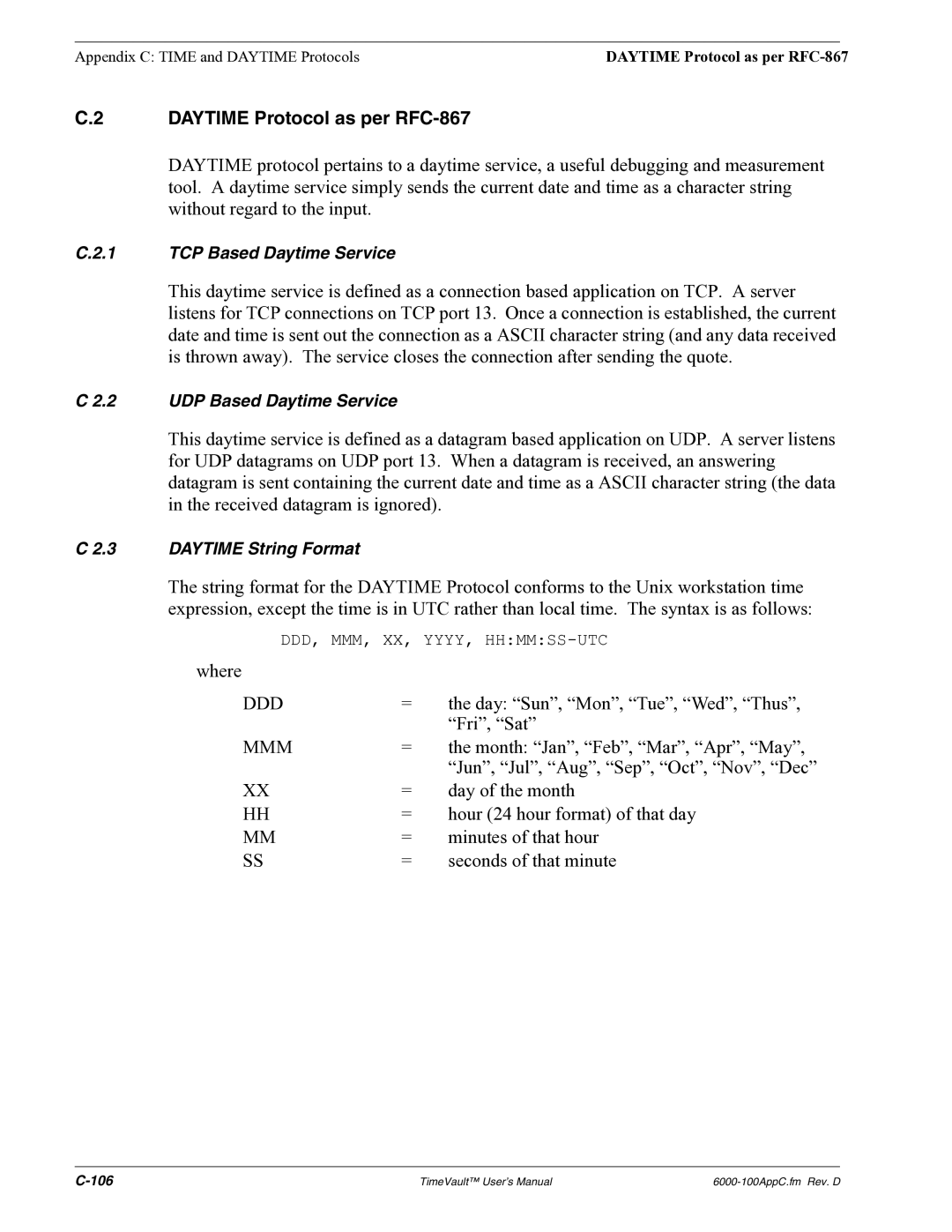 Symmetricom Time Server user manual Daytime Protocol as per RFC-867, Mmm 