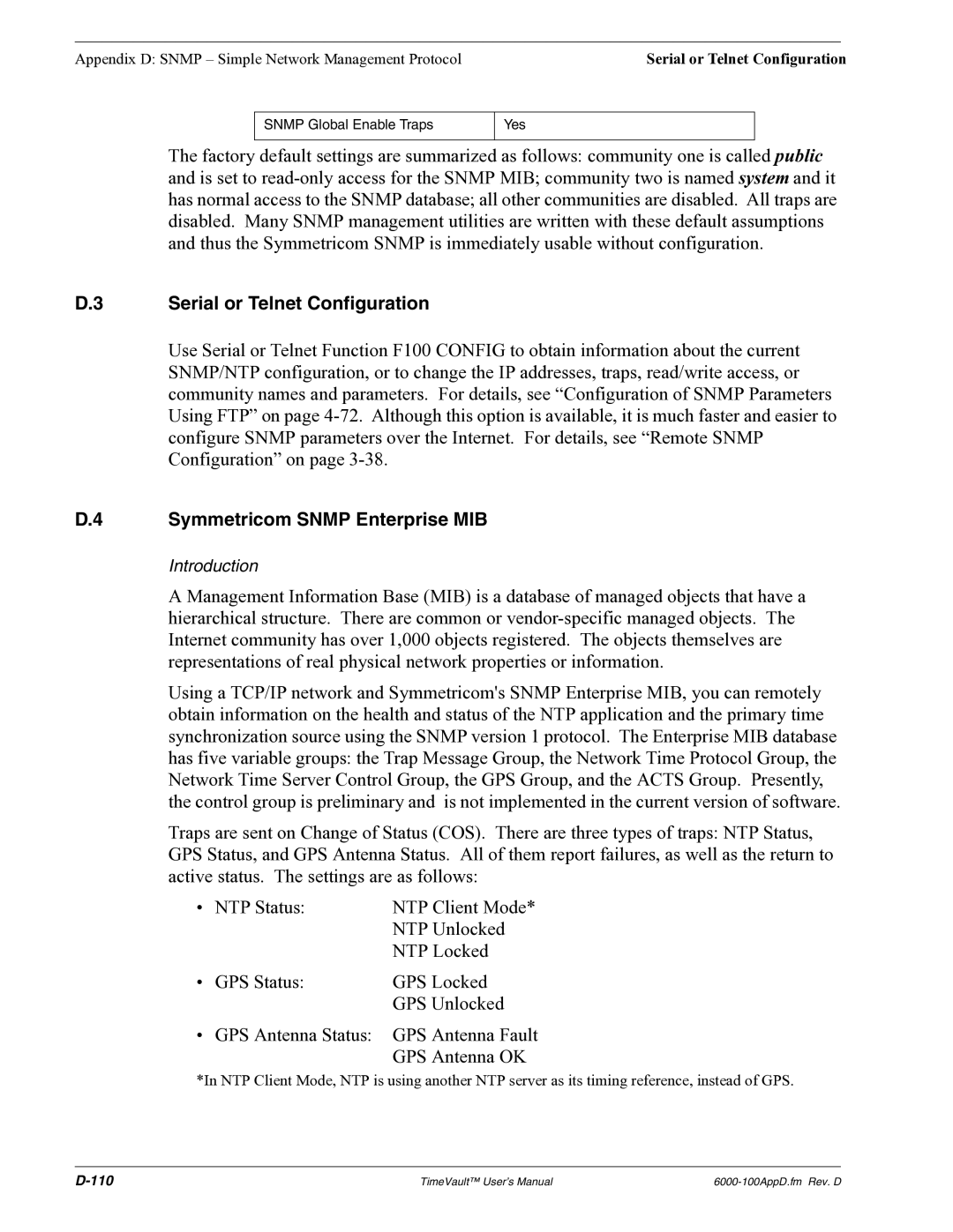 Symmetricom Time Server user manual Serial or Telnet Configuration, Symmetricom Snmp Enterprise MIB 