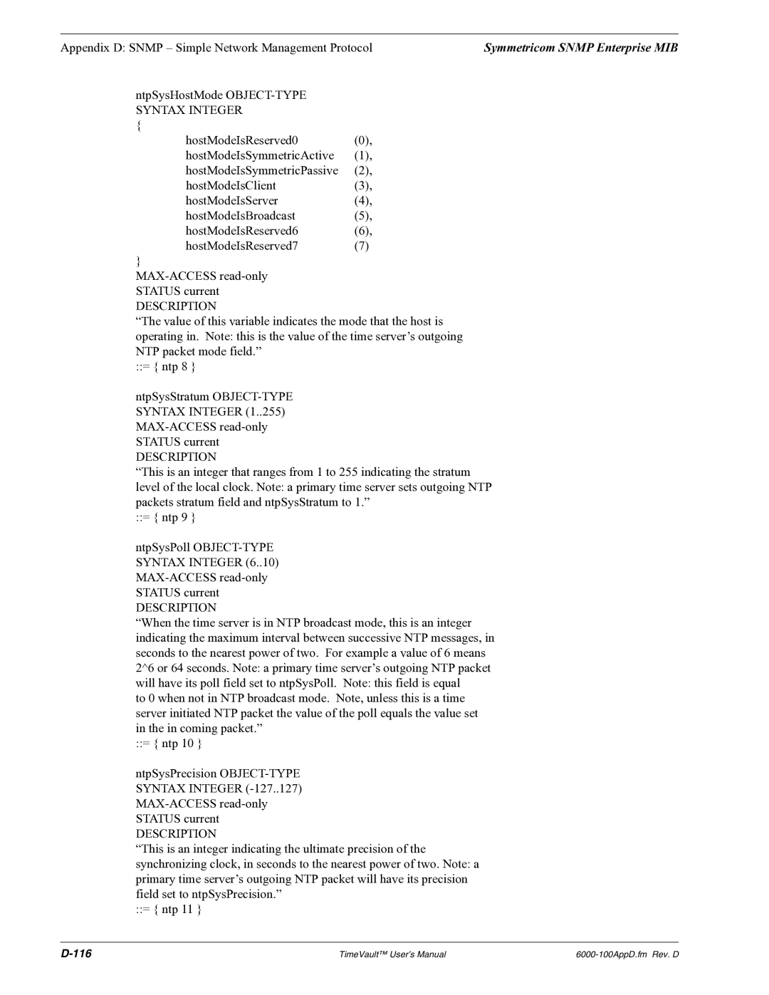 Symmetricom Time Server user manual Syntax Integer 