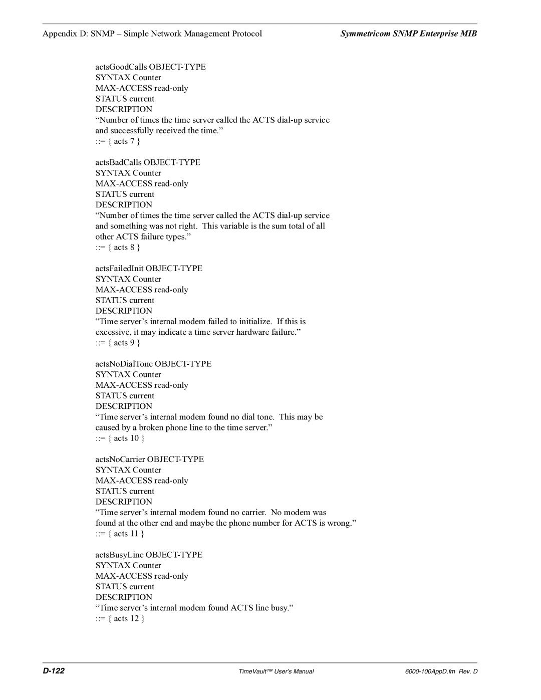 Symmetricom Time Server user manual Time server’s internal modem found Acts line busy. = acts 