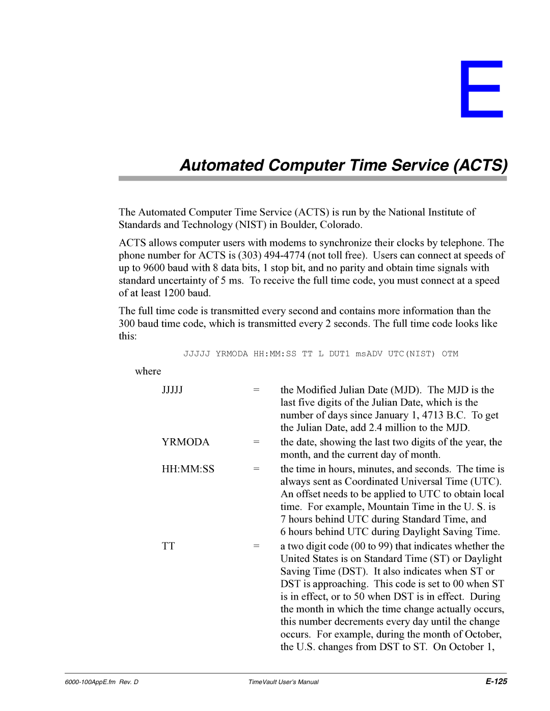 Symmetricom Time Server user manual Automated Computer Time Service Acts, Jjjjj, Yrmoda, Hhmmss 