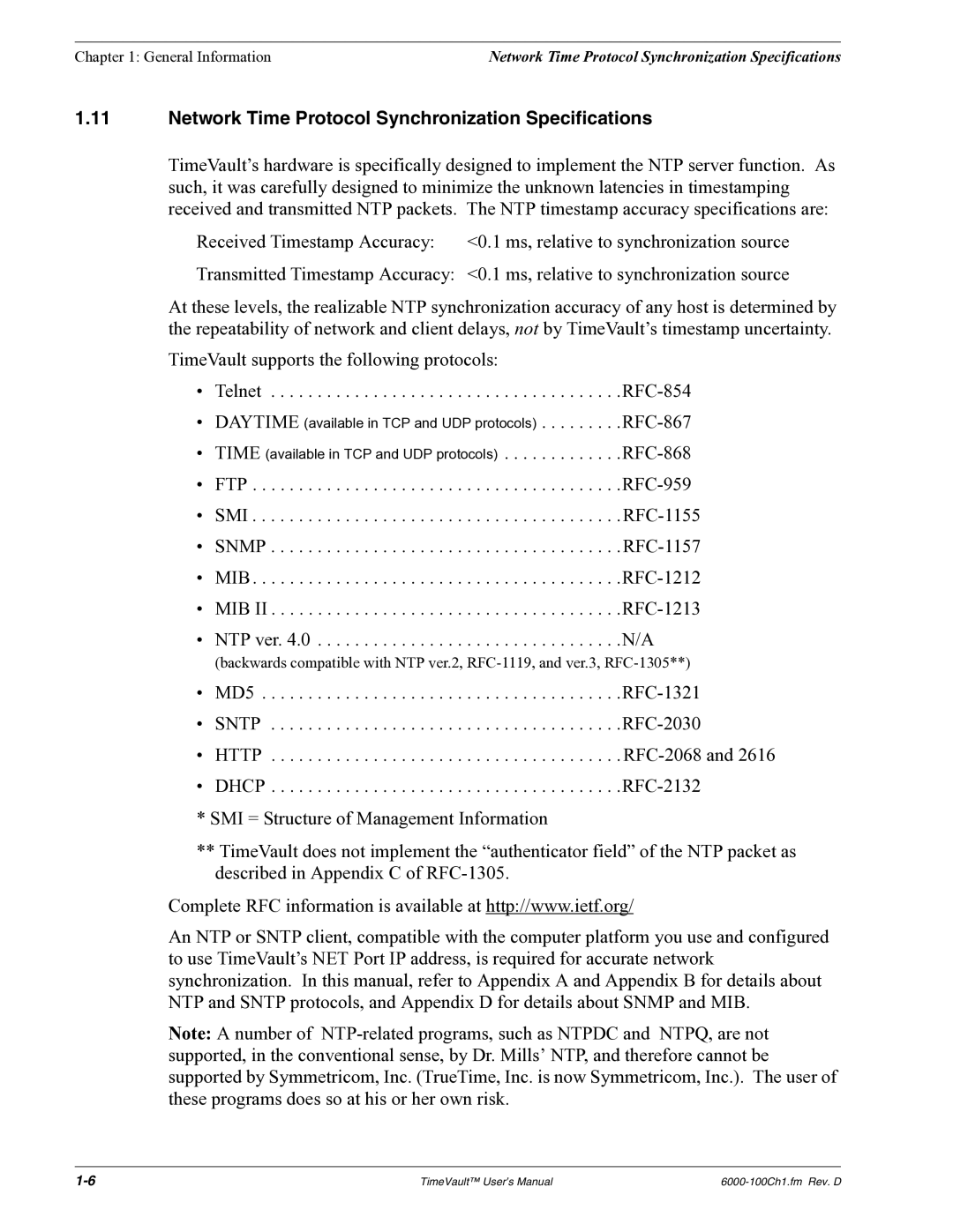 Symmetricom Time Server user manual Network Time Protocol Synchronization Specifications 